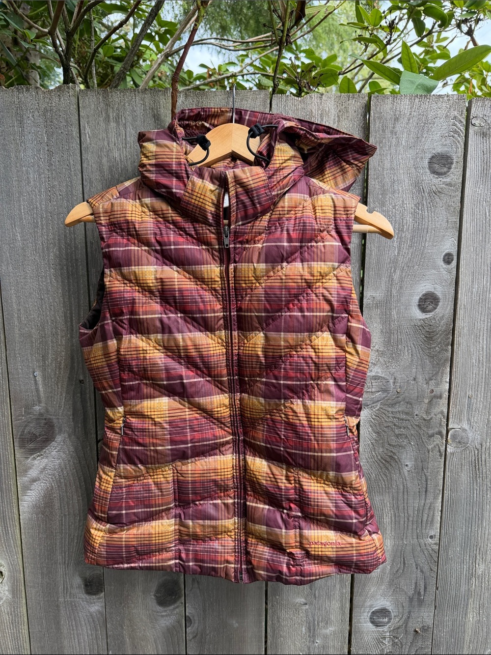 Patagonia Quilted Hooded Vest in Burgundy and Mustard Plaid